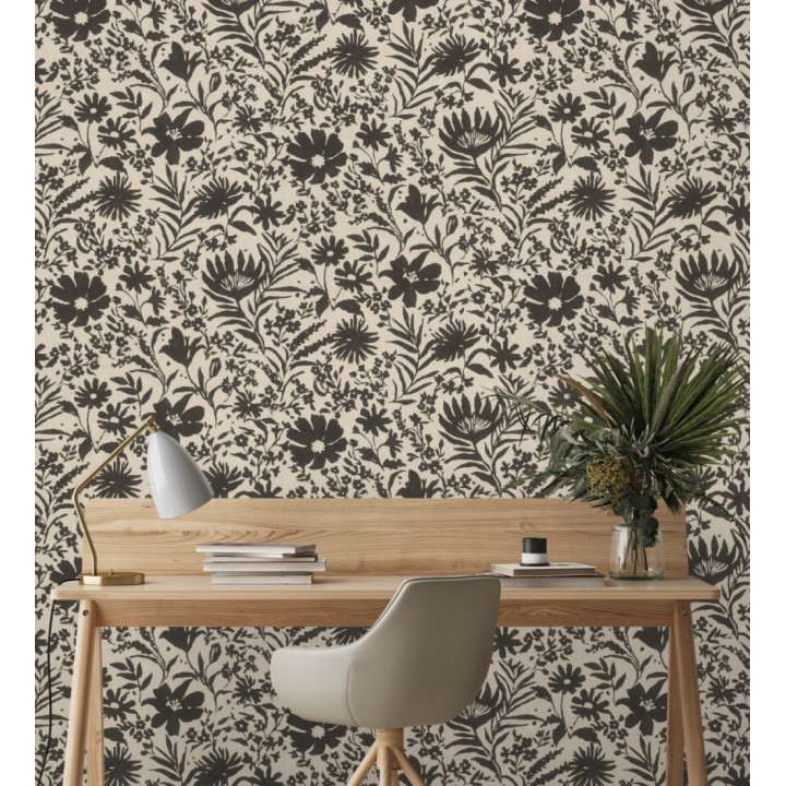 Papel pintado lienzo botánico de flores texturizado negro - Zinnia Sketch 685135