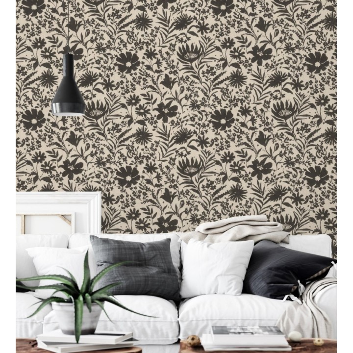 Papel pintado lienzo botánico de flores texturizado negro - Zinnia Sketch 685135