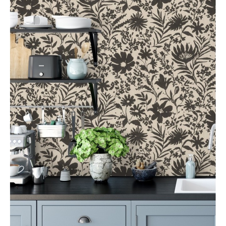 Papel pintado lienzo botánico de flores texturizado negro - Zinnia Sketch 685135