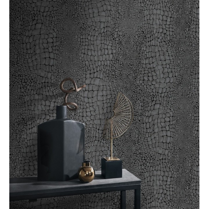 Papel pintado piel cocodrilo negro con relieve estilo animal print - Orinoco Reptilian 685142