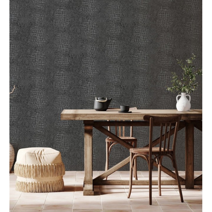 Papel pintado piel cocodrilo negro con relieve estilo animal print - Orinoco Reptilian 685142