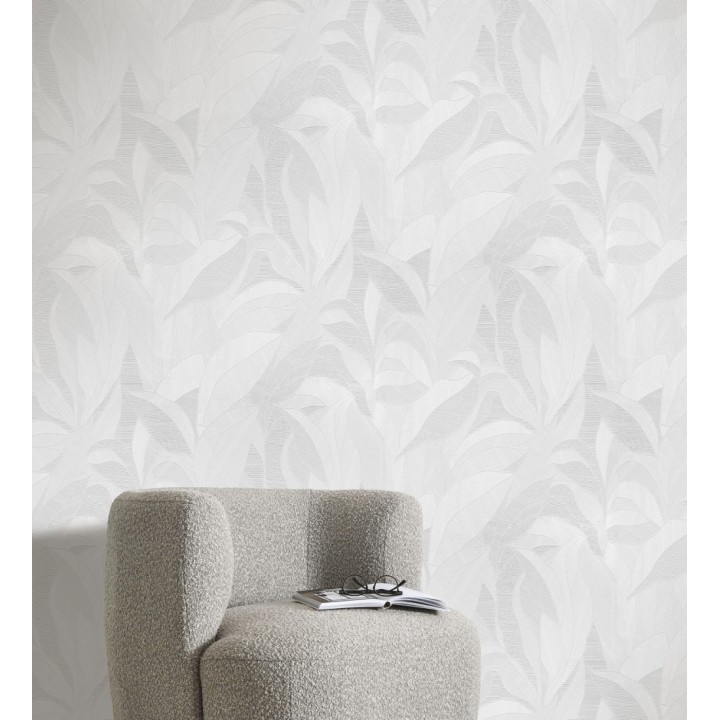 Papel pintado de hojas minimalistas con relieve color blanco - Ancona Rib 685143