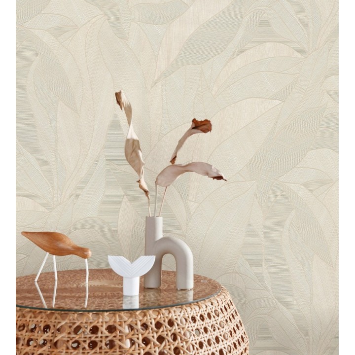 Papel pintado de hojas minimalistas con relieve color beige - Ancona Rib 685144