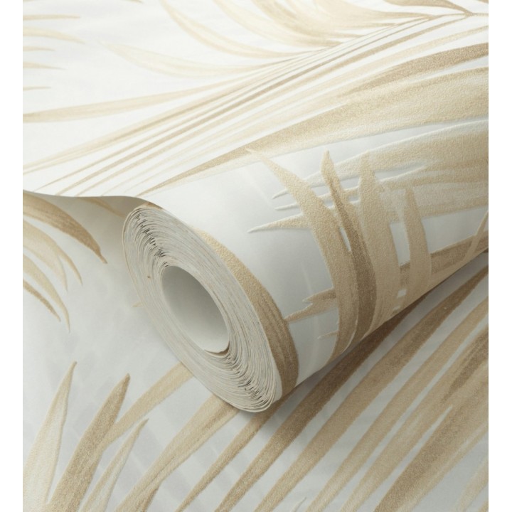 Papel pintado hojas de palmera en relieve color vainilla con sombras neutras - Borneo Leaf 685147