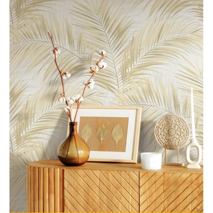 Papel pintado hojas de palmera en relieve color vainilla con sombras neutras - Borneo Leaf 685147
