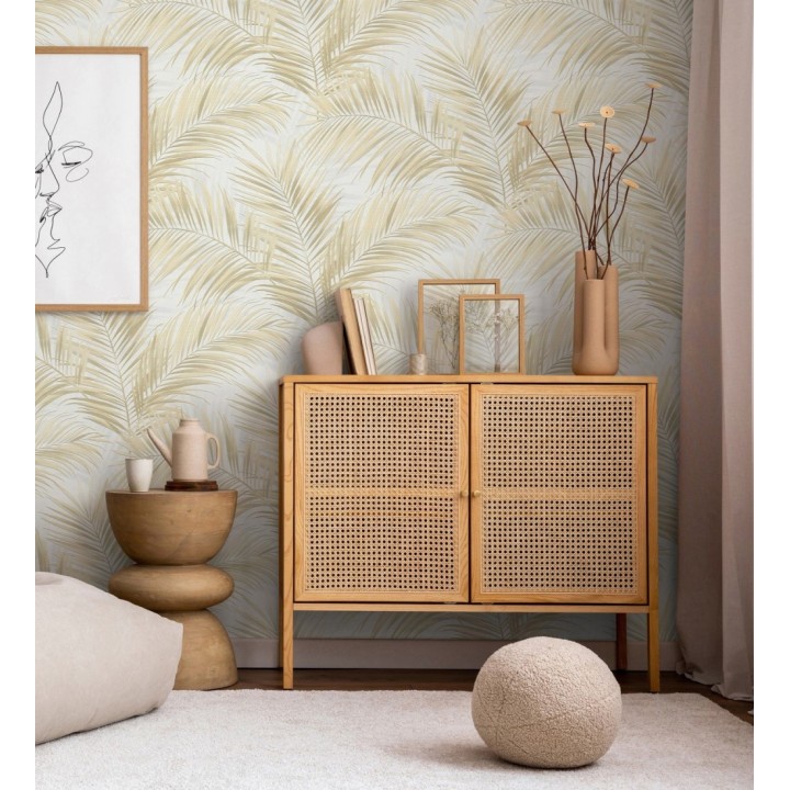Papel pintado hojas de palmera en relieve color vainilla con sombras neutras - Borneo Leaf 685147