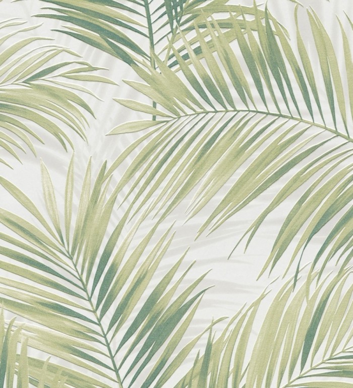 Papel pintado hojas de palmera en relieve tonos verdes sombras neutras - Borneo Leaf 685148