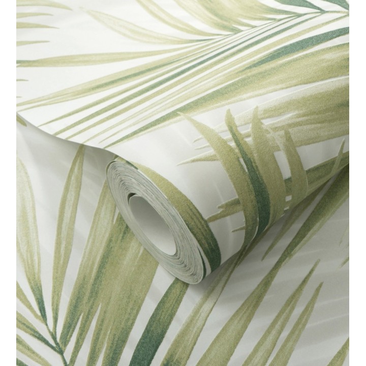 Papel pintado hojas de palmera en relieve tonos verdes sombras neutras - Borneo Leaf 685148