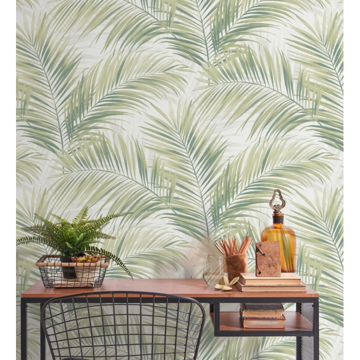 Papel pintado hojas de palmera en relieve tonos verdes sombras neutras - Borneo Leaf 685148