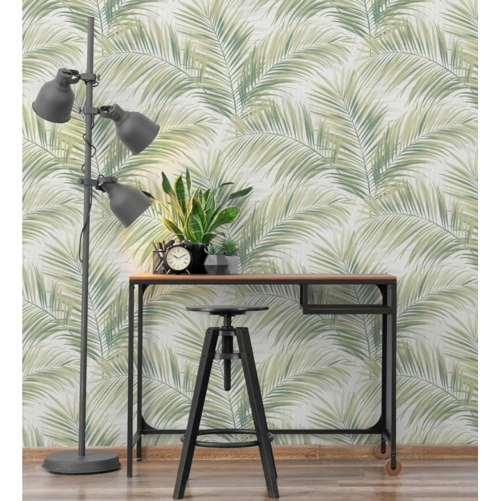 Papel pintado hojas de palmera en relieve tonos verdes sombras neutras - Borneo Leaf 685148