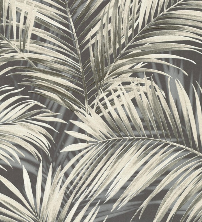 Papel pintado hojas de palmera en relieve beige fondo marrón chocolate - Borneo Leaf 685149