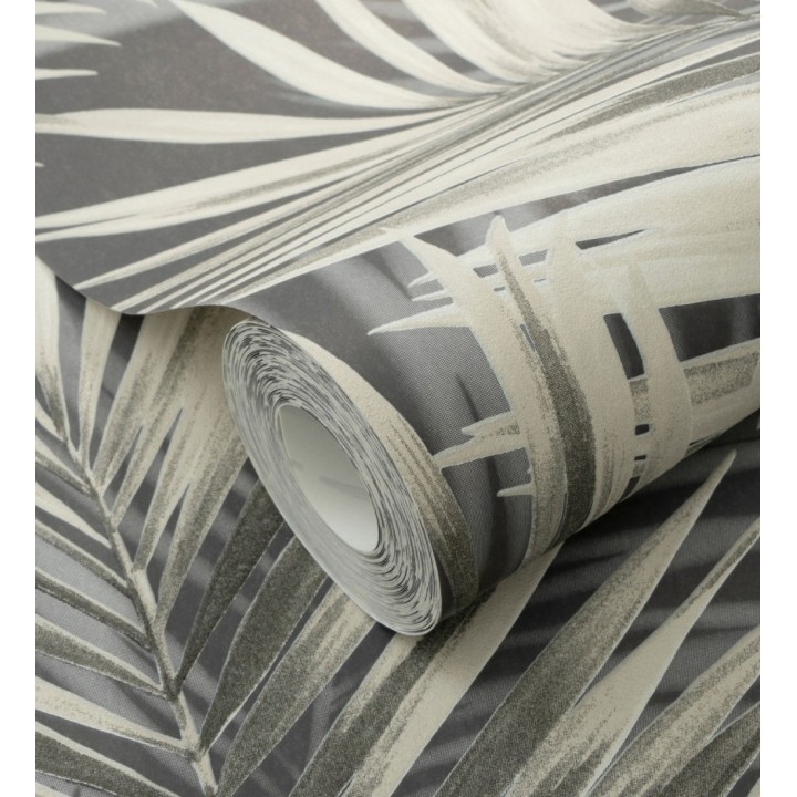 Papel pintado hojas de palmera en relieve beige fondo marrón chocolate - Borneo Leaf 685149