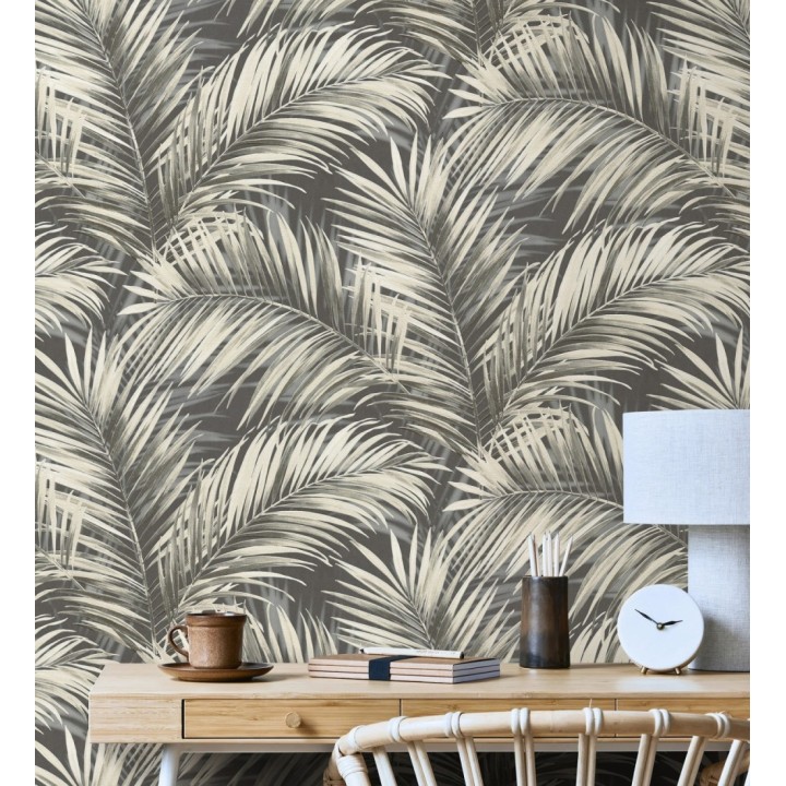 Papel pintado hojas de palmera en relieve beige fondo marrón chocolate - Borneo Leaf 685149