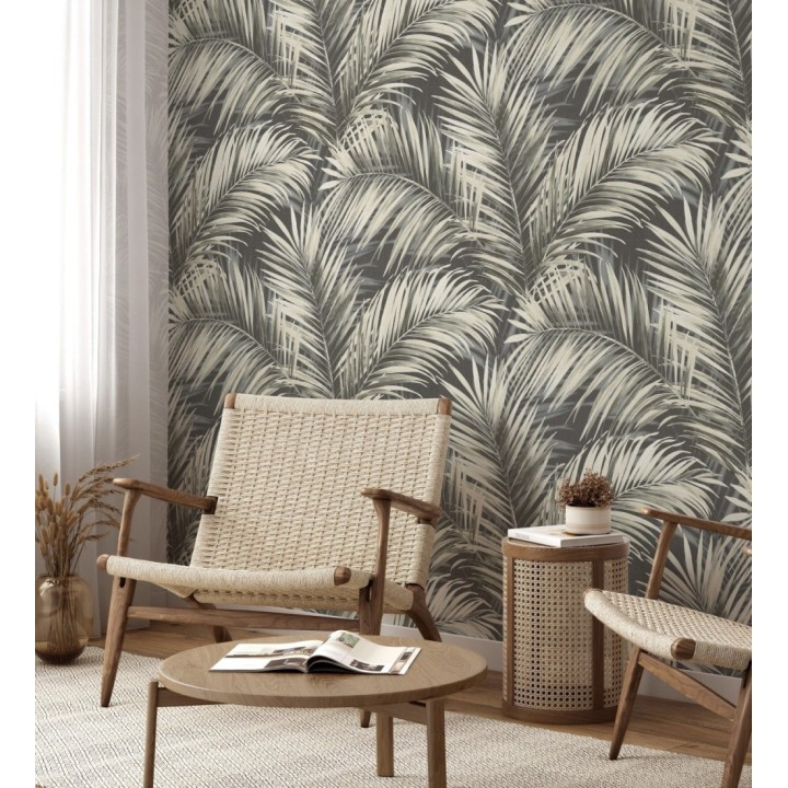 Papel pintado hojas de palmera en relieve beige fondo marrón chocolate - Borneo Leaf 685149