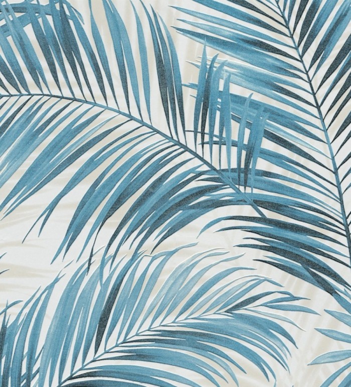 Papel pintado hojas de palmera en relieve tonos azules sombras beige - Borneo Leaf 685150