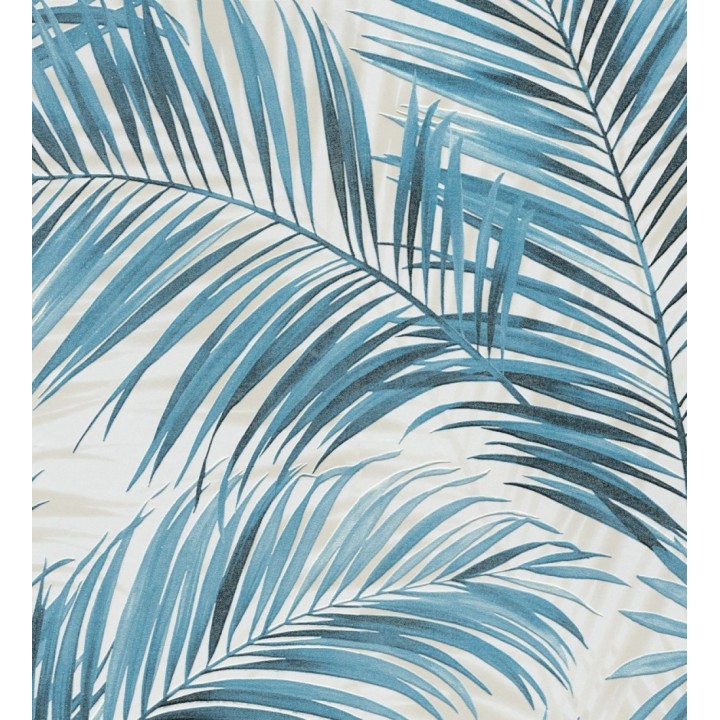 Papel pintado hojas de palmera en relieve tonos azules sombras beige - Borneo Leaf 685150