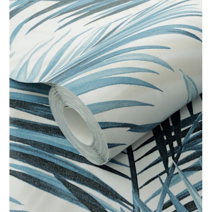 Papel pintado hojas de palmera en relieve tonos azules sombras beige - Borneo Leaf 685150
