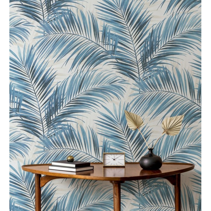 Papel pintado hojas de palmera en relieve tonos azules sombras beige - Borneo Leaf 685150