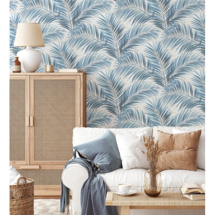Papel pintado hojas de palmera en relieve tonos azules sombras beige - Borneo Leaf 685150