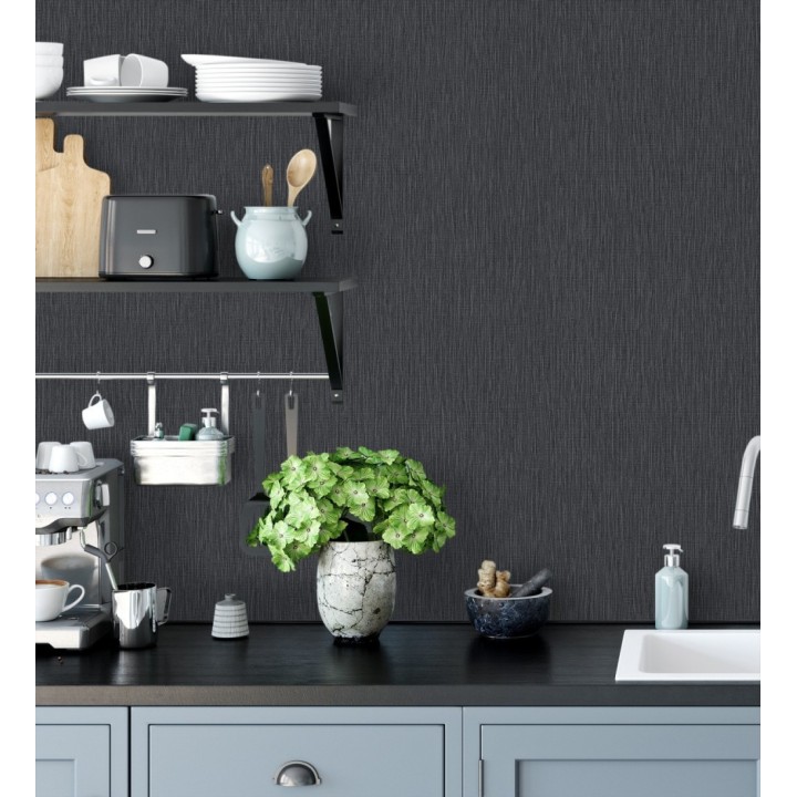 Papel pintado efecto metalizado negro cepillado brillo sutil en relieve - Essen Brushed 685165
