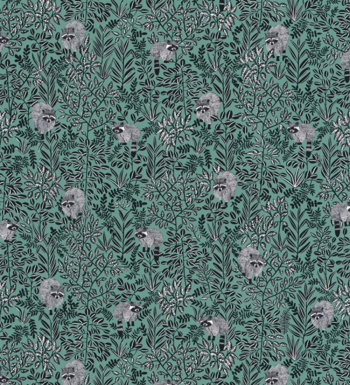 Papel pintado de mapaches y hojas fondo verde - Raccoon Forest 126778