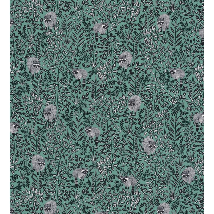 Papel pintado de mapaches y hojas fondo verde - Raccoon Forest 126778
