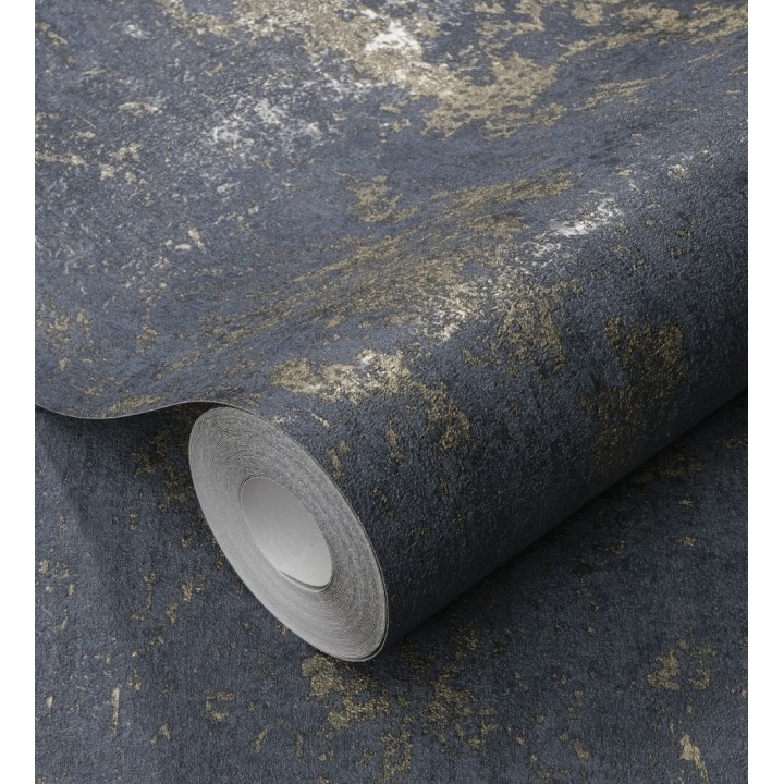 Papel pintado mineral pátina metálica latón tono azul noche - Calgary Steel 685225