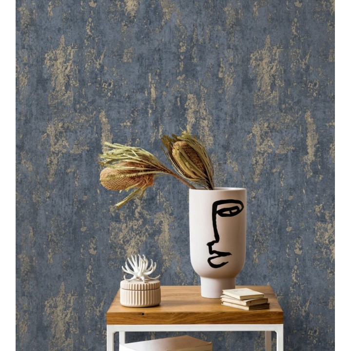 Papel pintado mineral pátina metálica latón tono azul noche - Calgary Steel 685225