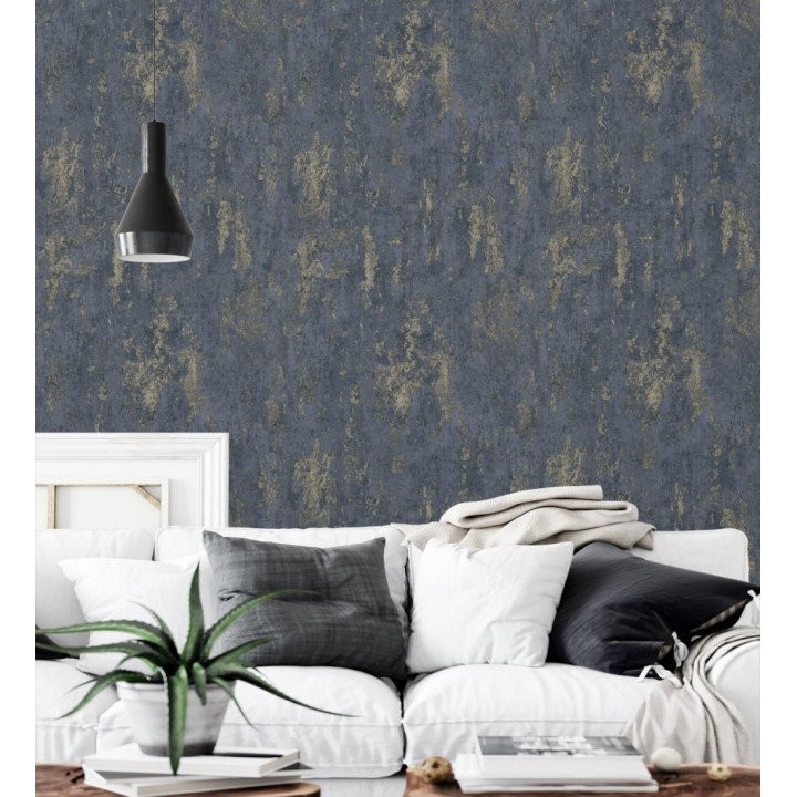 Papel pintado mineral pátina metálica latón tono azul noche - Calgary Steel 685225