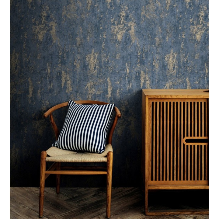 Papel pintado mineral pátina metálica latón tono azul noche - Calgary Steel 685225