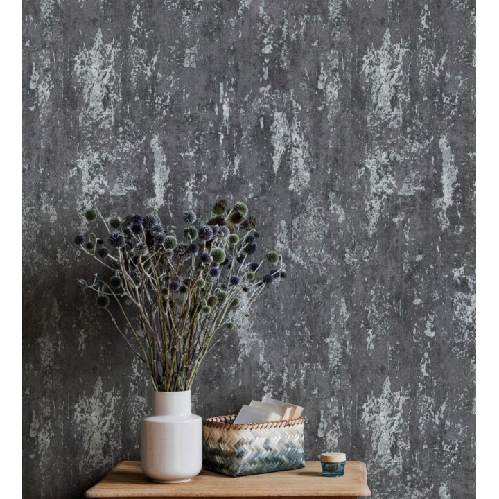 Papel pintado mineral pátina metálica plata fondo antracita oscuro  - Calgary Steel 685226