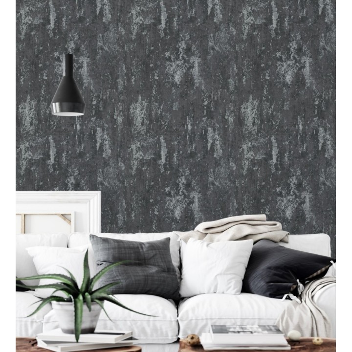 Papel pintado mineral pátina metálica plata fondo antracita oscuro  - Calgary Steel 685226