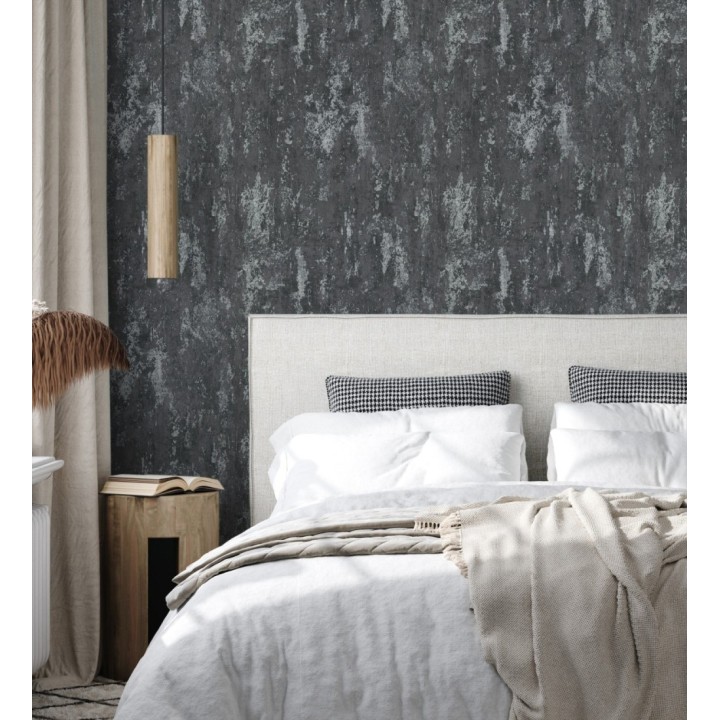Papel pintado mineral pátina metálica plata fondo antracita oscuro  - Calgary Steel 685226