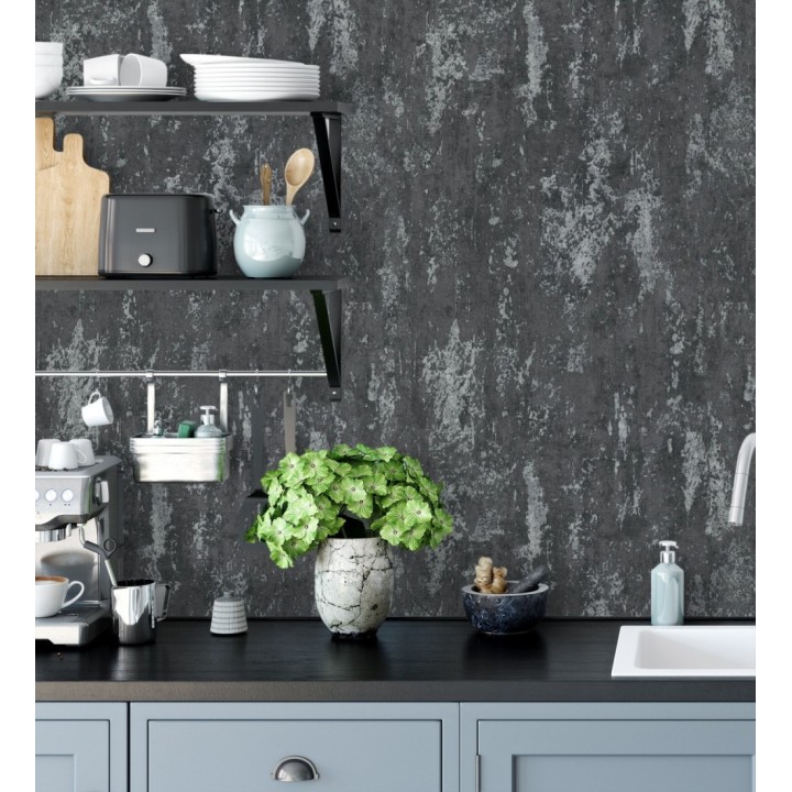 Papel pintado mineral pátina metálica plata fondo antracita oscuro  - Calgary Steel 685226