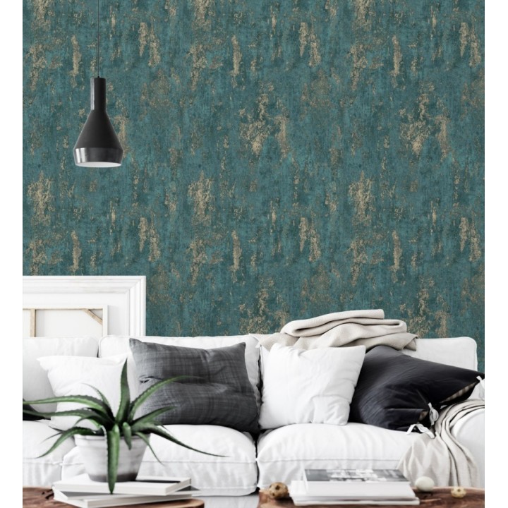Papel pintado mineral pátina metálica oro fondo verde esmeralda  - Calgary Steel 685229