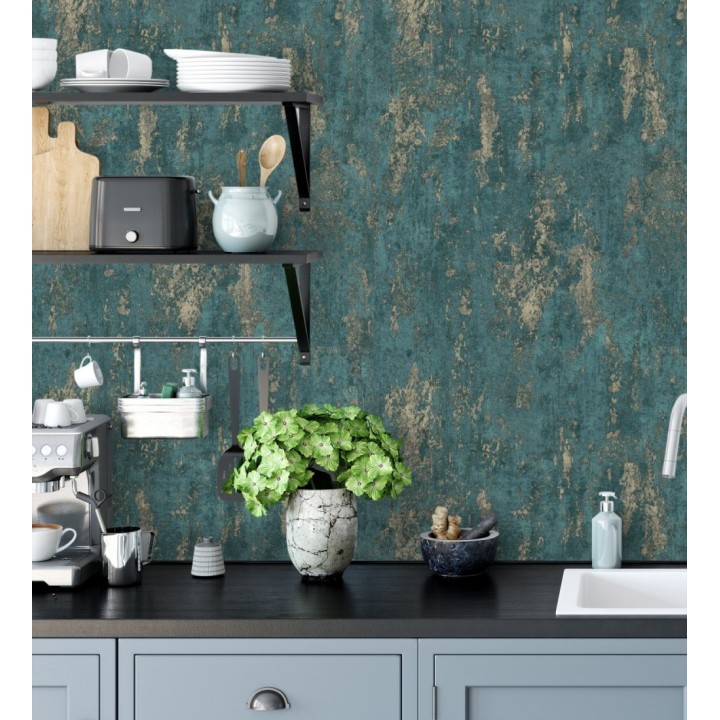 Papel pintado mineral pátina metálica oro fondo verde esmeralda  - Calgary Steel 685229