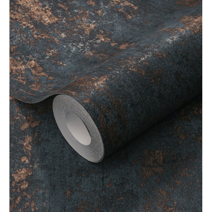 Papel pintado mineral pátina metálica cobre fondo negro carbón  - Calgary Steel 685231