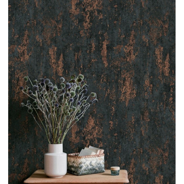 Papel pintado mineral pátina metálica cobre fondo negro carbón  - Calgary Steel 685231