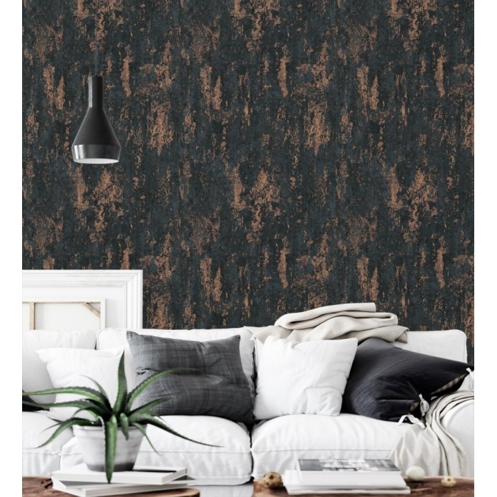Papel pintado mineral pátina metálica cobre fondo negro carbón  - Calgary Steel 685231