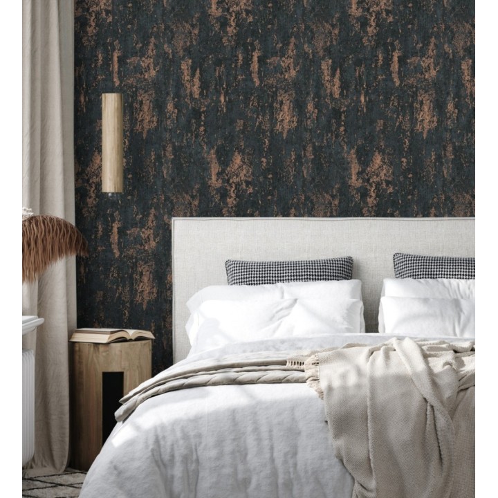 Papel pintado mineral pátina metálica cobre fondo negro carbón  - Calgary Steel 685231