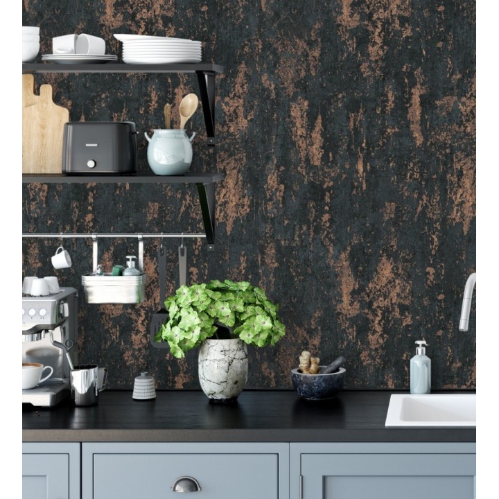 Papel pintado mineral pátina metálica cobre fondo negro carbón  - Calgary Steel 685231