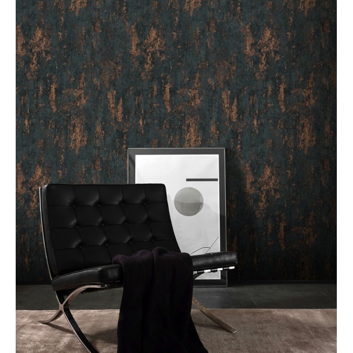 Papel pintado mineral pátina metálica cobre fondo negro carbón  - Calgary Steel 685231