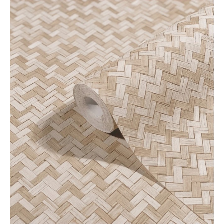 Papel pintado efecto ratán bambú beige trenzado espiga - Savile Rattan 685239