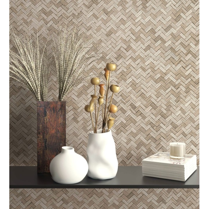 Papel pintado efecto ratán bambú beige trenzado espiga - Savile Rattan 685239