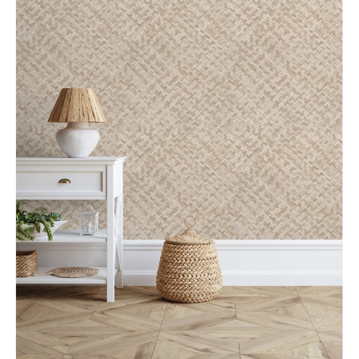 Papel pintado efecto ratán bambú beige trenzado espiga - Savile Rattan 685239