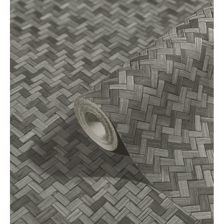 Papel pintado efecto ratán bambú antracita trenzado espiga - Savile Rattan 685240