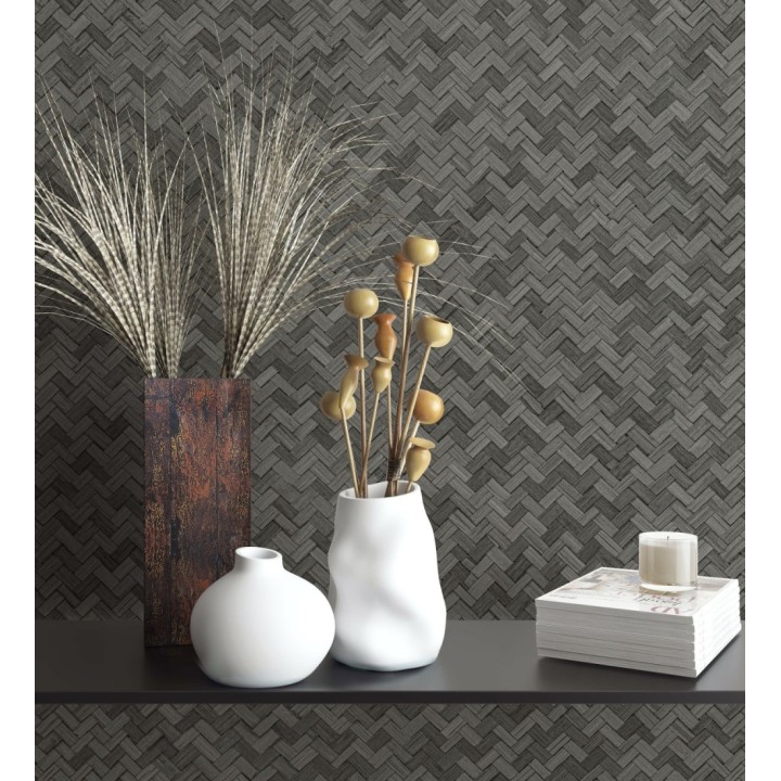 Papel pintado efecto ratán bambú antracita trenzado espiga - Savile Rattan 685240