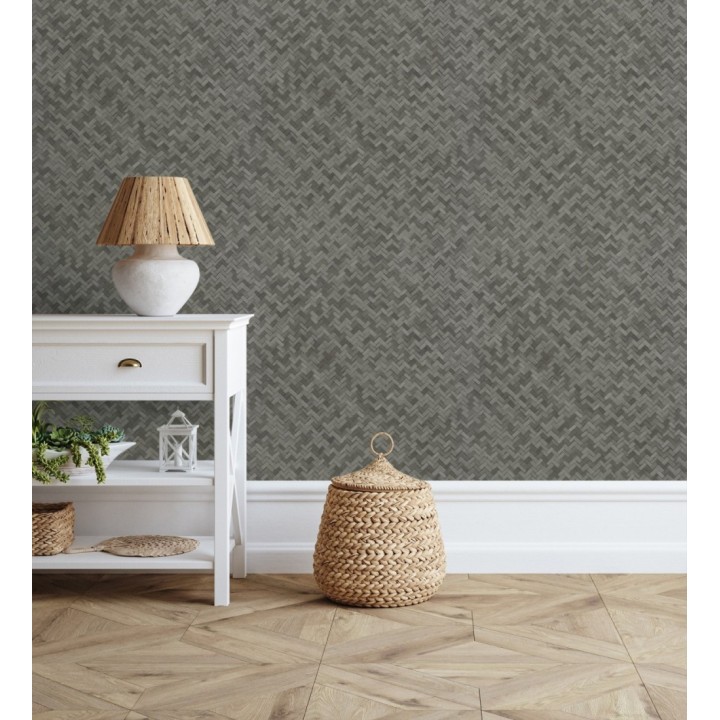 Papel pintado efecto ratán bambú antracita trenzado espiga - Savile Rattan 685240