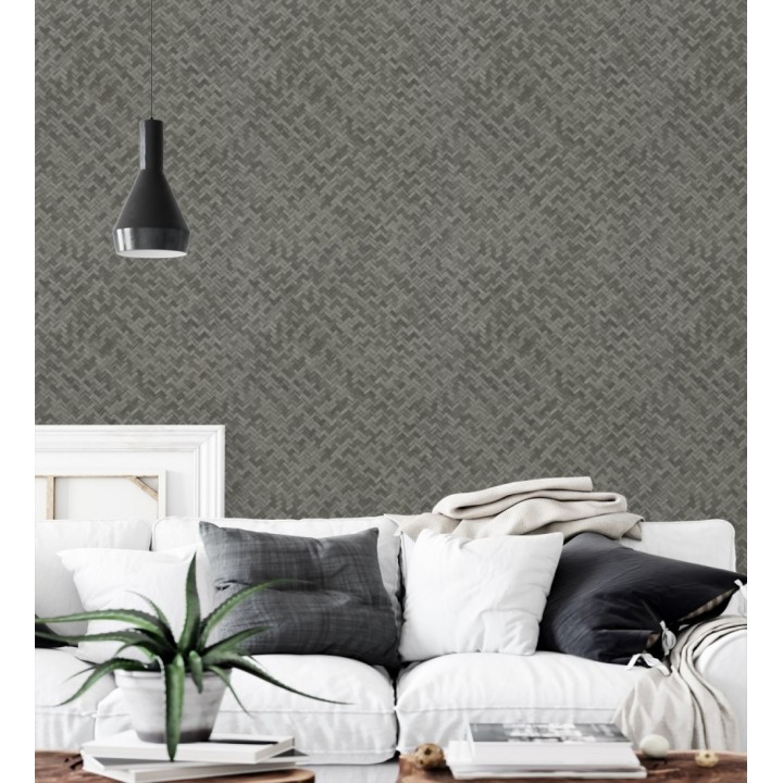 Papel pintado efecto ratán bambú antracita trenzado espiga - Savile Rattan 685240