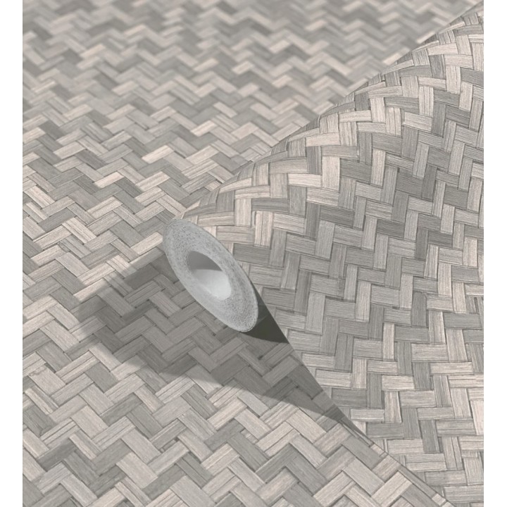 Papel pintado efecto ratán bambú gris visón trenzado espiga - Savile Rattan 685241